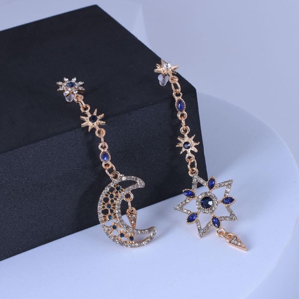 Charm Luxury Geometric Hollowout Blue Crystal Sun Star Moon Long Dangle Earrings for Women Korean Designer Earrings Jewelry Gift
