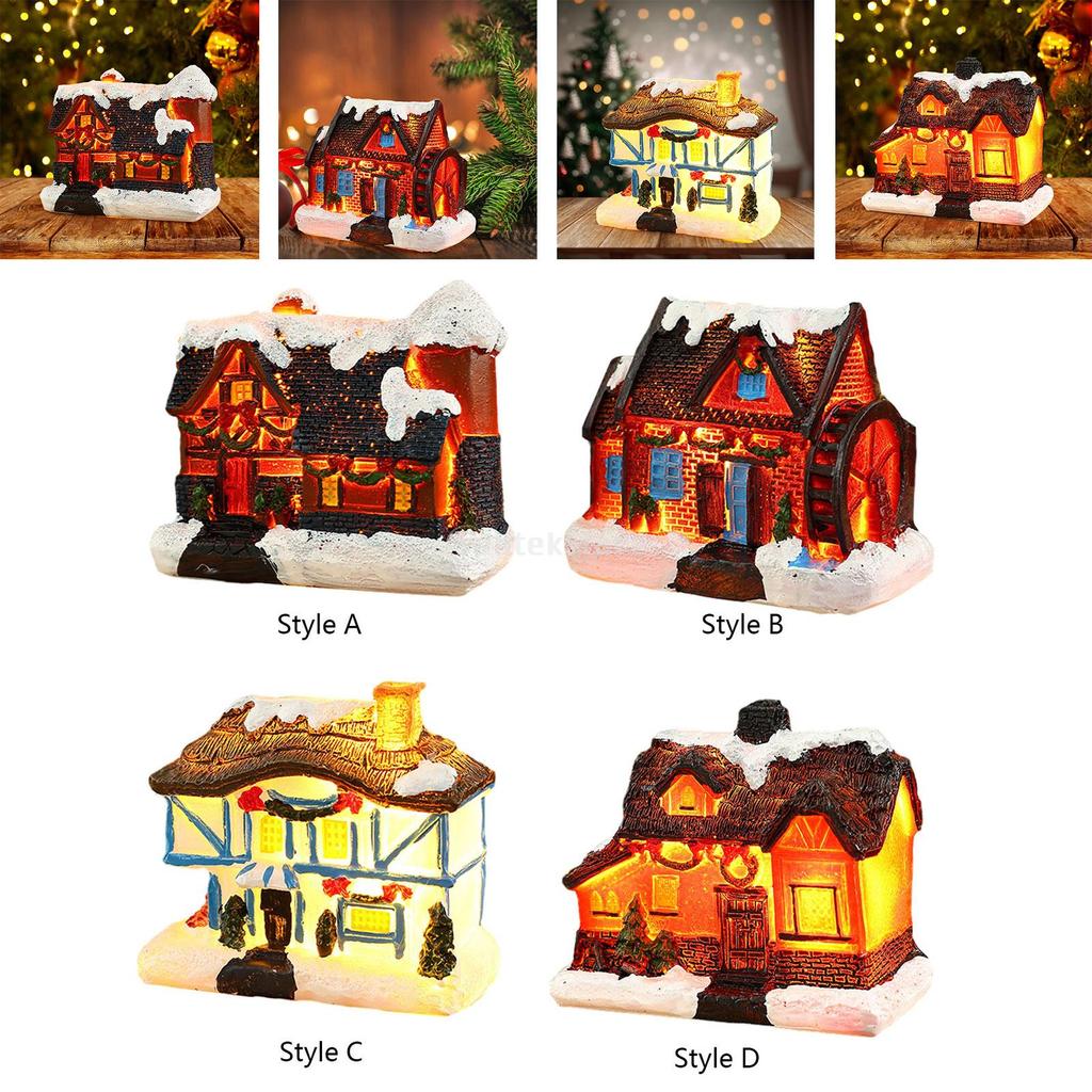 Christmas Village Scene for Home Desktop Ornaments Resin House Snowy Winter Town With LED Light Figurines for Christmas