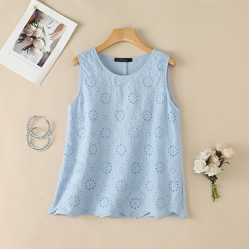 ZANZEA Women Casual Round Neck Sleeveless Lace Crochet Patchwork Loose Vest Tops