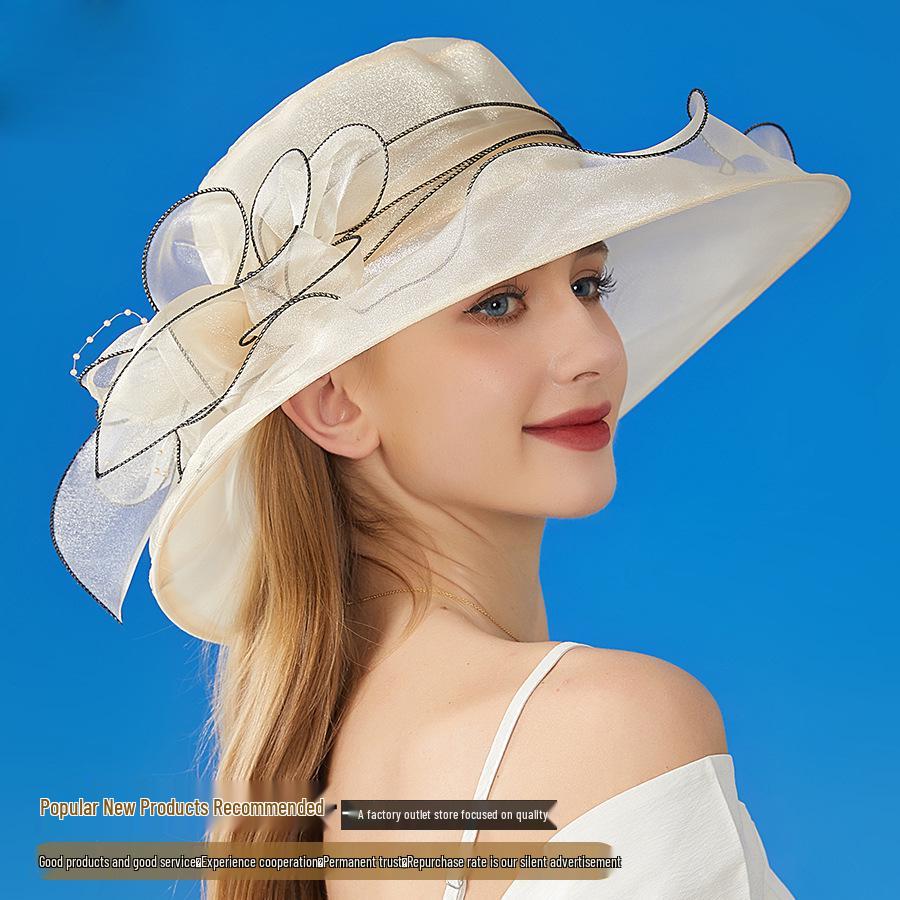 Elegant Women's Organza Sun Hat with Large Flower - European & American Style