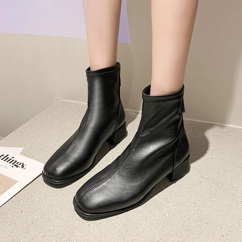 Șosete elastice de modă Cizme Botine de modă pentru femei cu toc înalt Toc gros Cizme scurte cu vârful pătrat Retro 2024 pantofi noi de damă