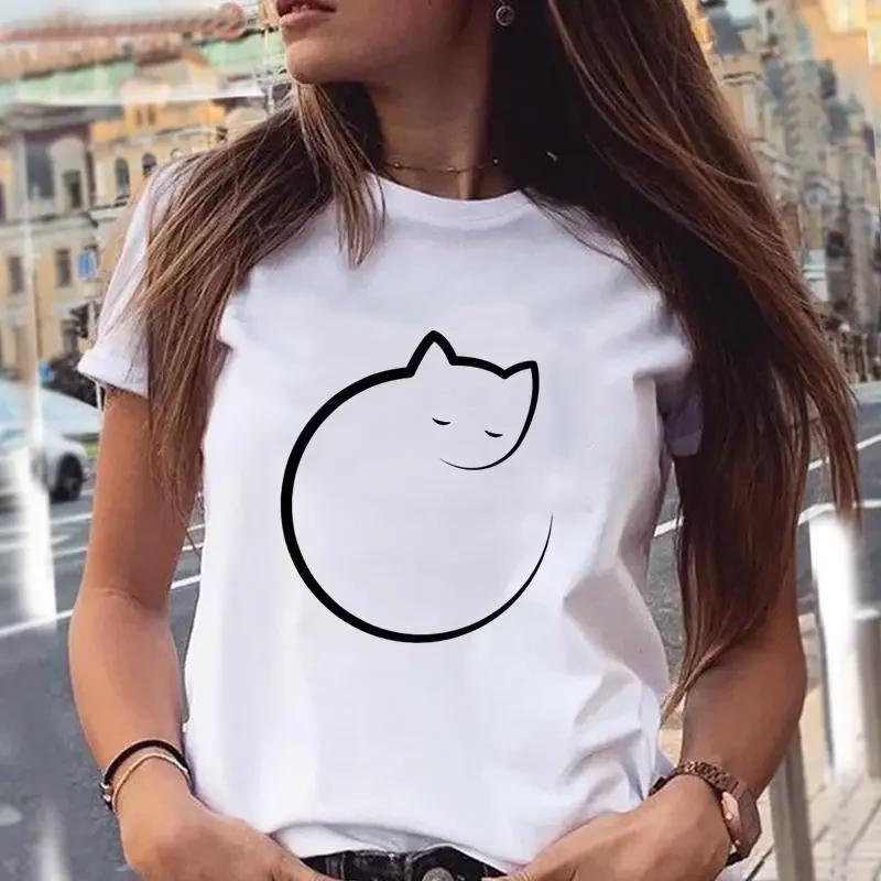 Cute Cat Animal Print T-shirt Round Neck Women's Blouse Fashion Women's Graphic Harajuku Aesthetics