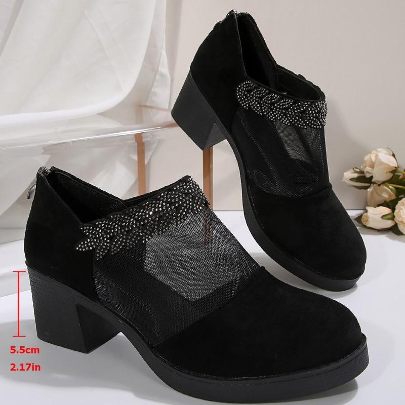Comfortable and Versatile Mesh Single Shoes Women's New Spring and Summer Cutout Breathable Rhinestone Scrub Heels