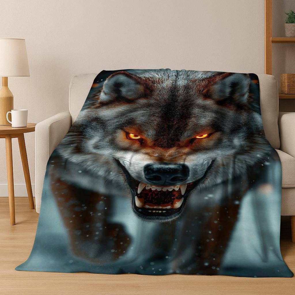 Mysterious Wolf Totem Animal Flannel Blanket Soft Warm Blanket for Bedroom Room Living Room Office Travel Camping Picnic Gift