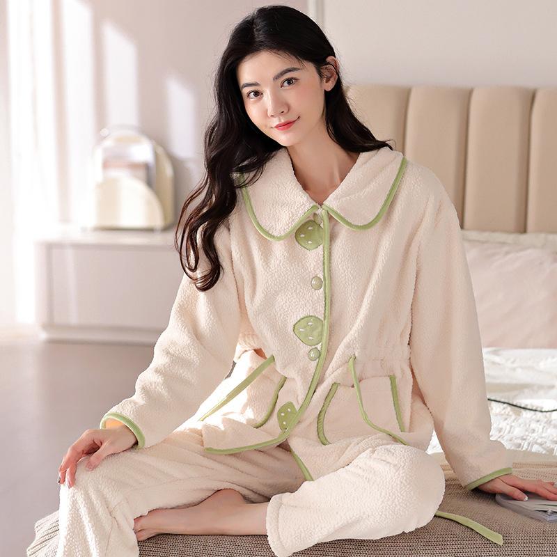 Autumn and winter pajamas women's coral fleece fleece warm simple casual carved flannel outerwear loungewear suit winter