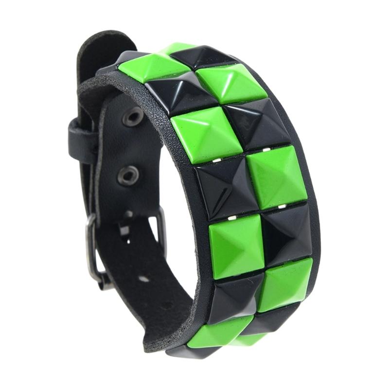 Studded Cuff Bracelet Double Row Square Studs Adjustable Closure PU Strap Punk Wrist Bangle for Concert Streetwear