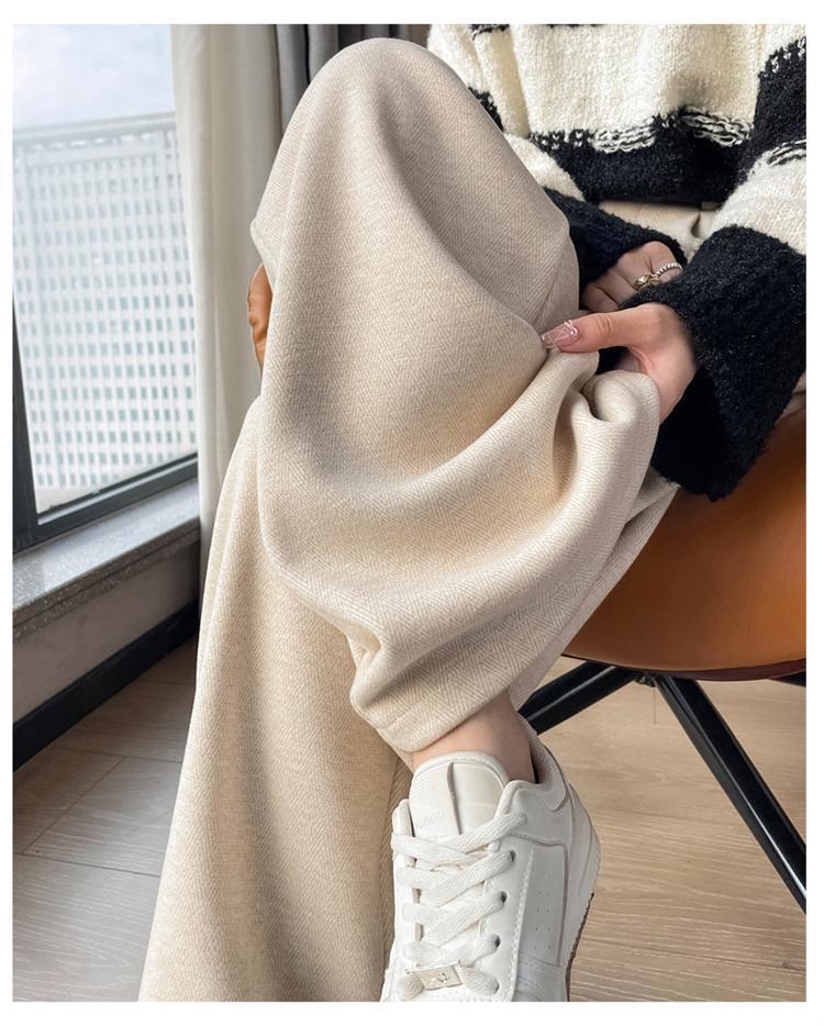 2025 Autumn/Winter High-Waisted Herringbone Wool Blend Wide-Leg Pants