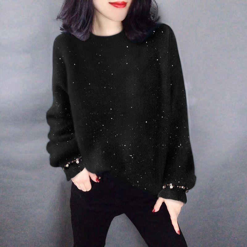 

Толстый искусственный мех норки в ленивом стиле с круглым вырезом, свободный вязаный свитер, базовый свитер для женщин 3XL чёрный