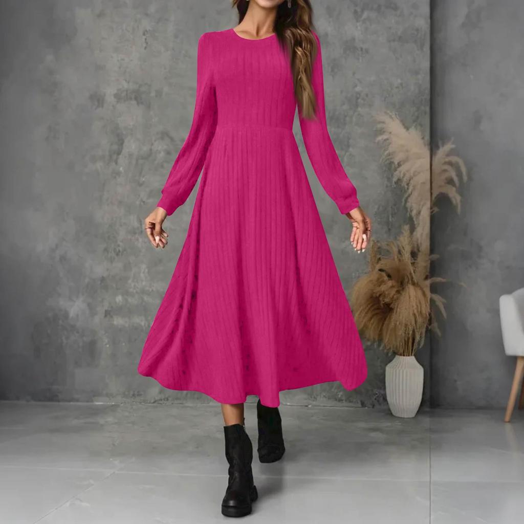 Dámské módní maxi šaty s kulatým výstřihem, dlouhým rukávem, jednobarevné, ležérní, s žebrovaným lemem a třásněmi