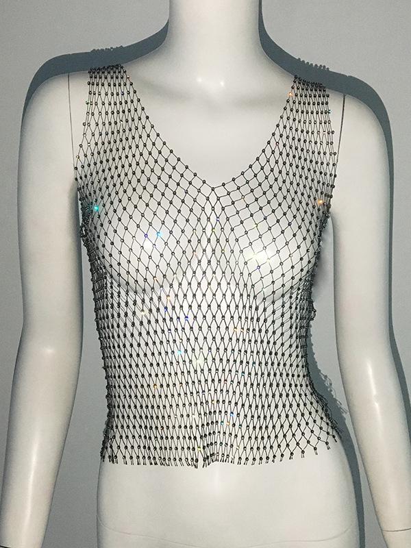 Cross-Border Hot Selling Rhinestone Fishnet Sling Top - Sexy, Tight-Fitting, Stretchy Mesh Vest
