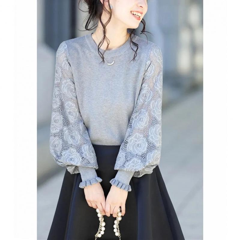Elegant Lace Patchwork Lantern Sleeve Sweater for Women - Spring/Autumn Knit Pullover