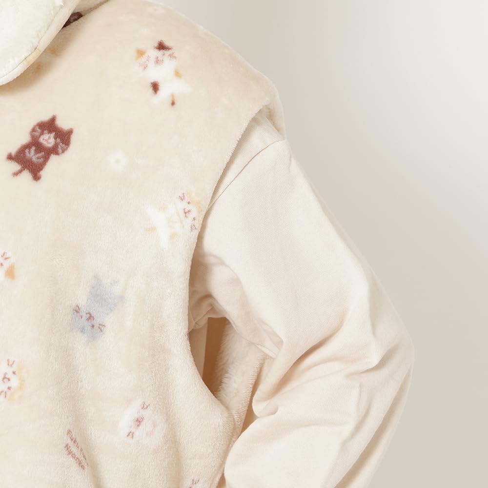 FUKU FUKU NYANKO Flannel Loose Comfortable Sizes Cat Fluffy Happins Vest, Sleeveless, Collared, Warm, Fit, Loungewear, M-L, Design, Beige, Pink, Cute,