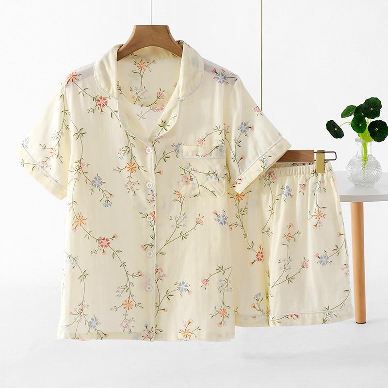 Novos pijamas femininos de verão, shorts de manga curta, terno de algodão, camada dupla, gaze, estampa, roupas frescas para casa, conjunto de duas peças para mulheres