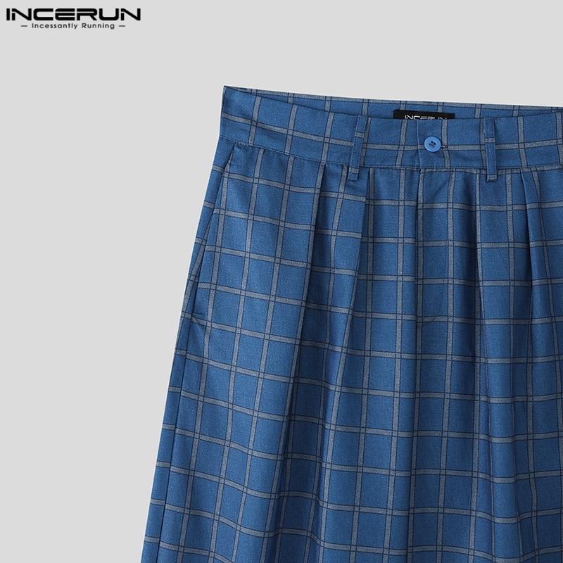 INCERUN Men Casual Zip-up Waist Plaid Wide Legs Pants Long Trousers