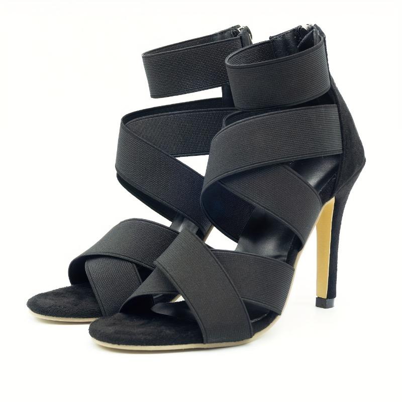 Women's Black Cover Stiletto Heels - Sexy Open Toe Jazz Dance Sandals with Elastic Cross Straps, Breathable Summer Fashion Heels, Performance Footwear