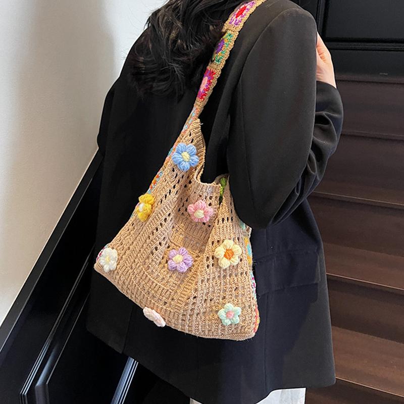 Summer Large Capacity Boho Tote Bag Floral Crochet Handbag Vintage Multicolor Cut-Out Knitted Fashionable Hollow Out Handbag