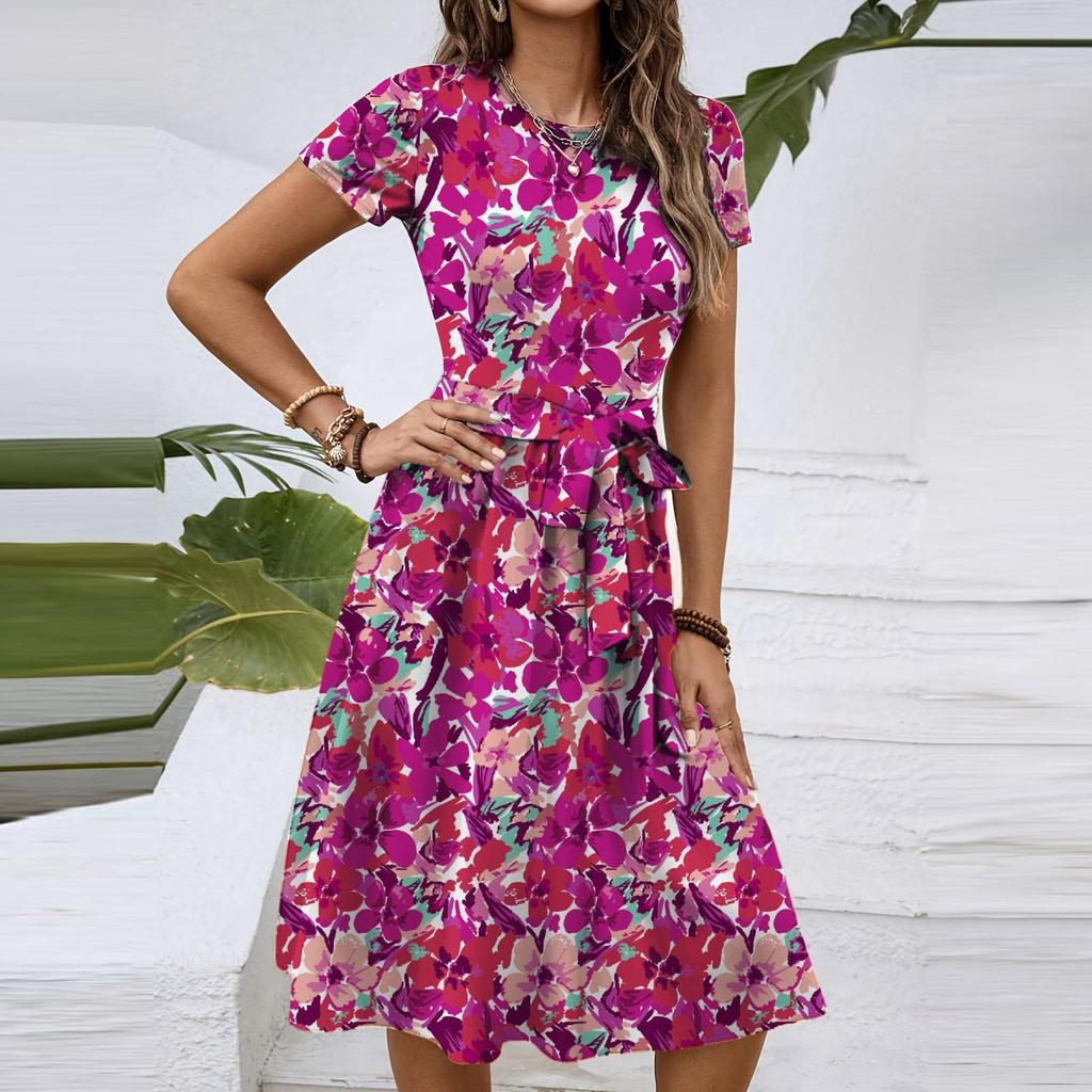 Women's Spring And Summer Casual Round Neck Short Sleeve Waist Floral Print Midi Dress