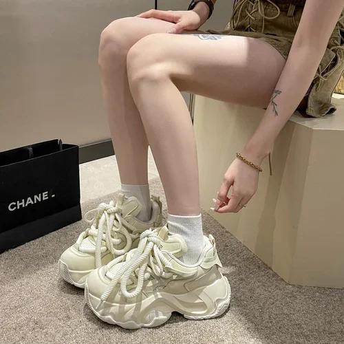 

Autumn Leather Chunky Shoes Women 6CM Heels Platform Sneakers Breathable Tennis Female Vulcanized Shoes Woman Sports Dad Shoes 35 бежевий