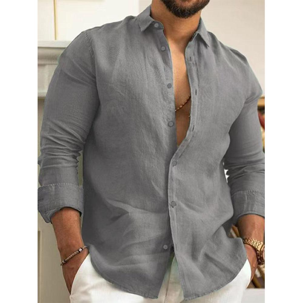 כותנה פשתן לגברים חולצות מזדמנות קלות משקל שקריות נושמות אביב סתיו חולצת שרוולים ארוכים ספורט חולצות דש הוואי גברים