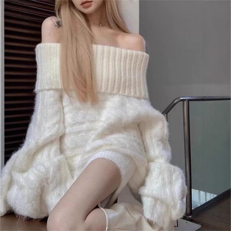 One-shoulder Twist Sweater for Women In Autumn and Winter New Style Thick Loose Lazy Soft Waxy Pullover Design Knitted Sweater