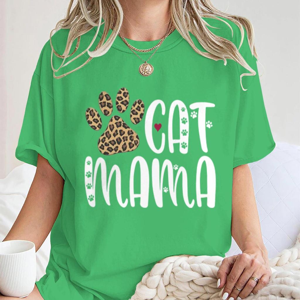 Cat Mama Vintage Cat Paw Printed T Shirts Women Casual Short Sleeve Tshirts Round Neck Tees For Animal Lover Gifts Female Tops