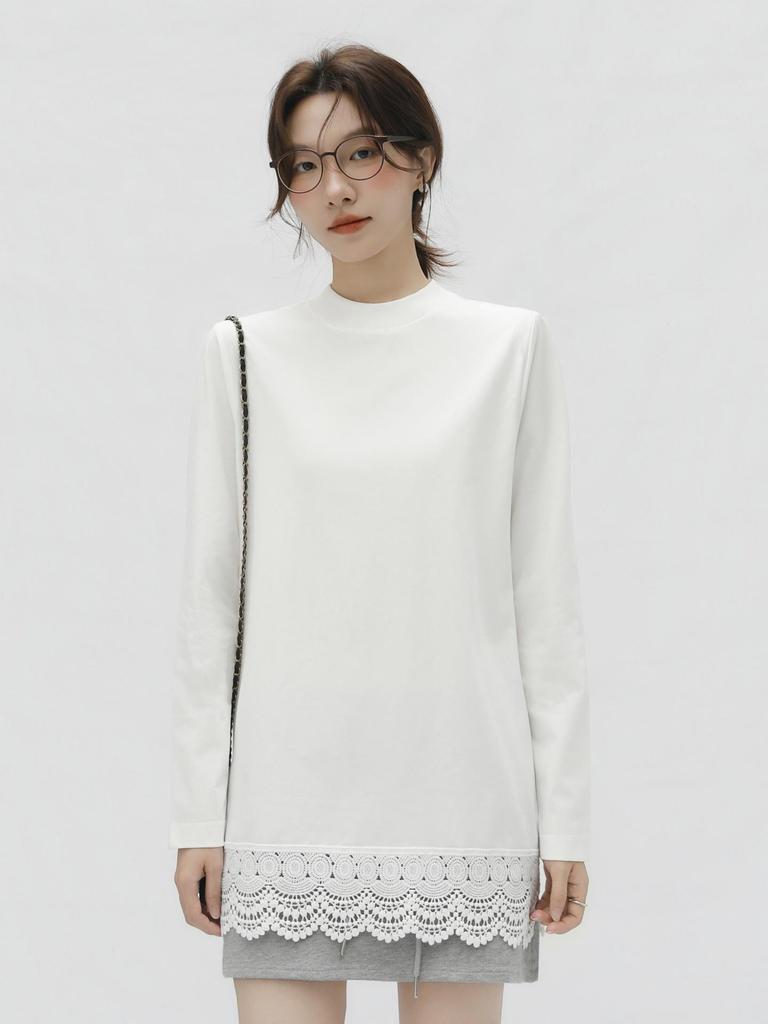 Women's Long Sleeve Lace Hem T-Shirt with Half-High Collar - Loose, Slimming Mid-Length Base Layer
