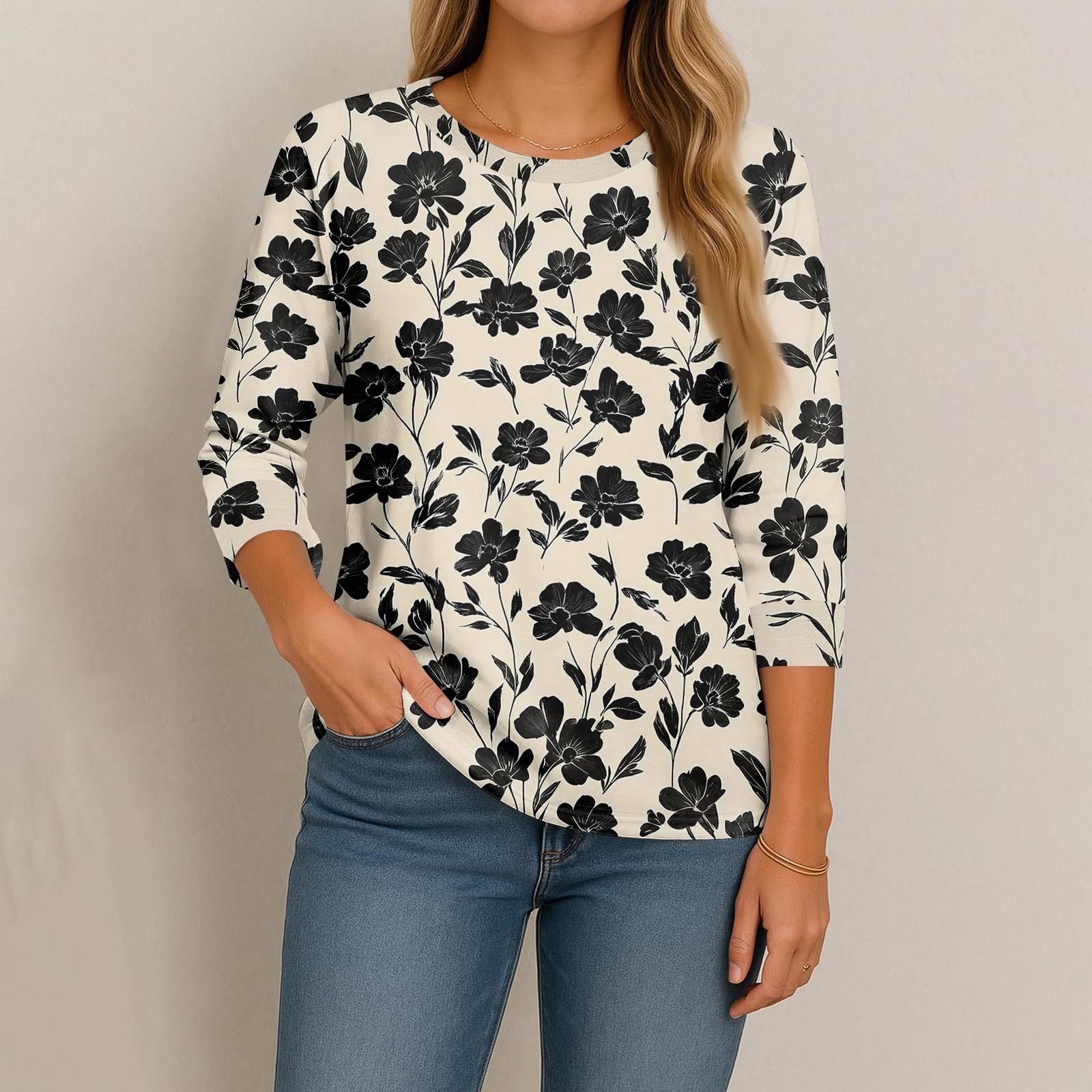 

Женская модная повседневная свободная футболка с круглым вырезом и рукавами 3/4 с принтом, женский топ XL бежевый