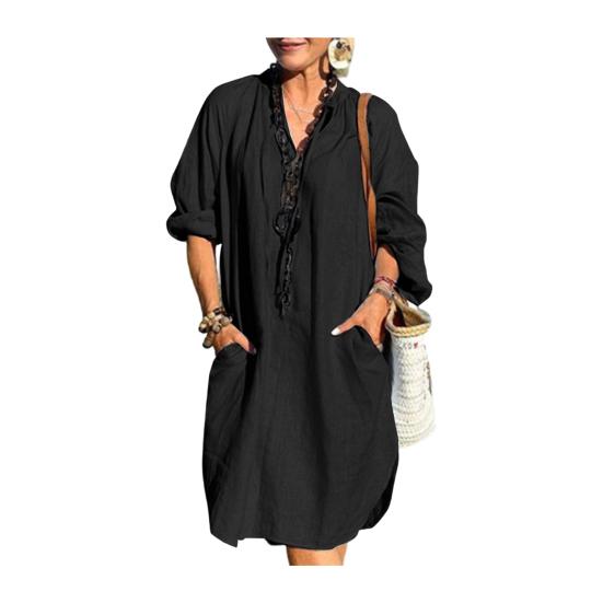 Baumwoll-Leinen-Kleid für Damen Boho Lässig Strandurlaub Sommerkleid Langarm V-Ausschnitt Locker geschnittenes Kleid