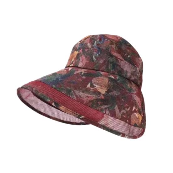 

Sun Hat Breathable Mesh Semi-hollow Top Large Brim Full Face Sun Protection Hat Retro Print Foldable Portable Sport Hat