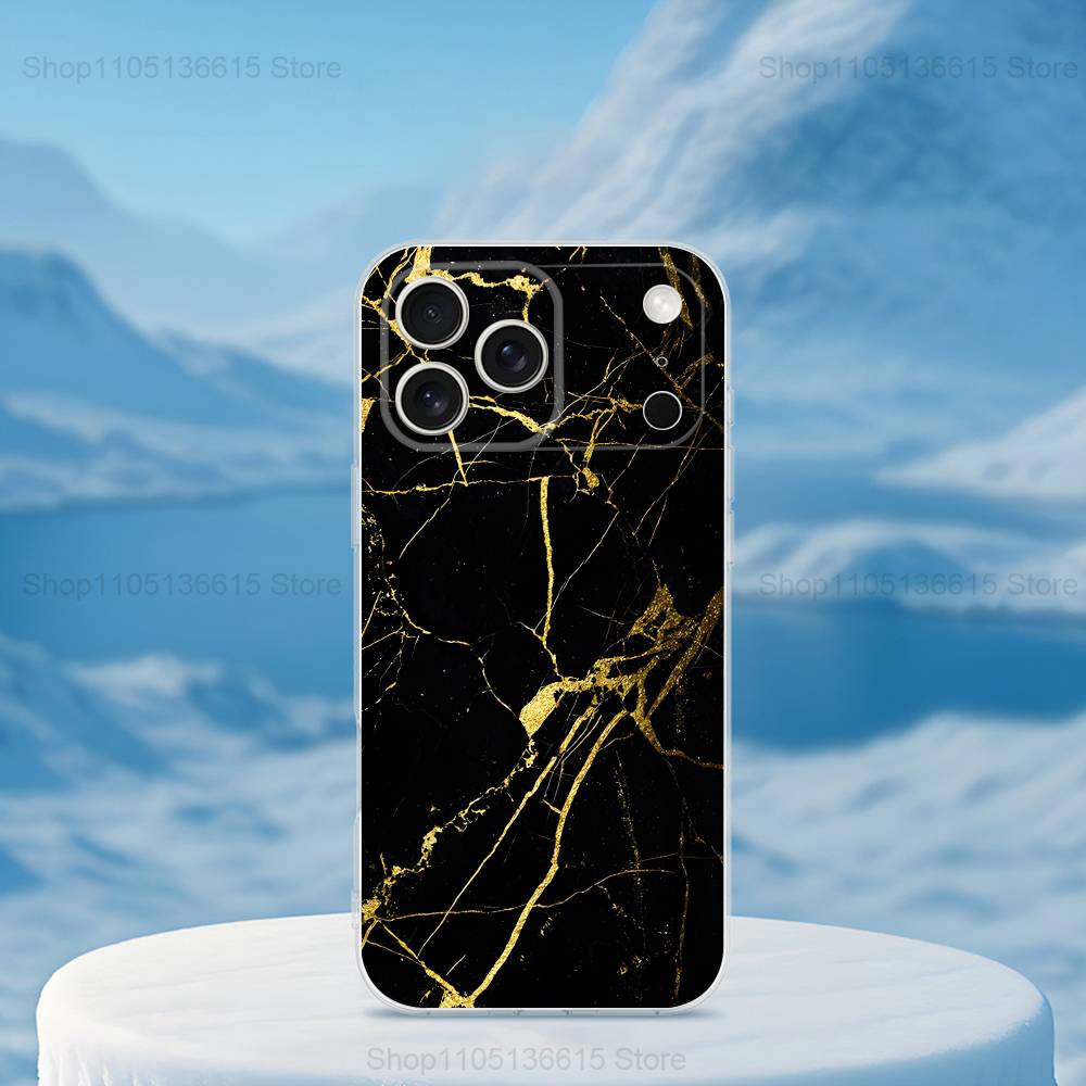 Marble Art Black Gold Phone Case For iPhone 16,15,14,13,12,11,17 Pro,Max,Plus,X,XS,XR,SE,Mini Transparent Soft Cover