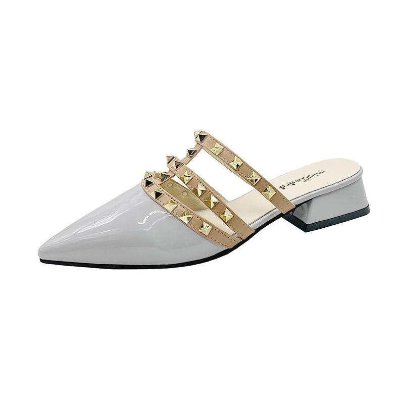 Rivet shoes French sense rivet cool slippers women's summer wear flat-bottomed summer and Korean version patent leather pointed head half slippers