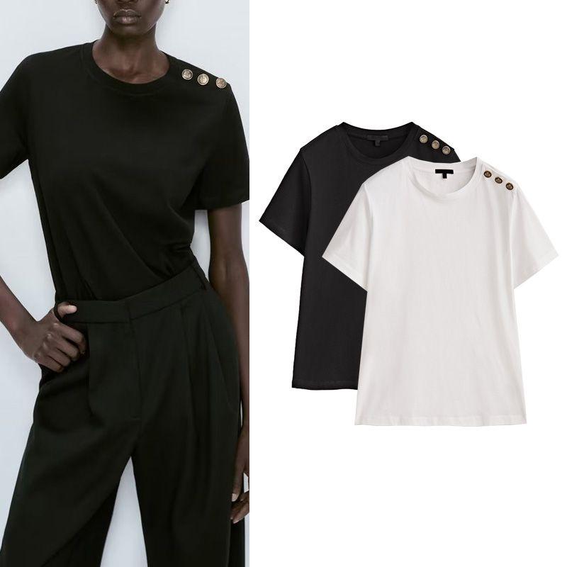 T-shirt Spring White Tops Button Versatile Short Sleeve MD