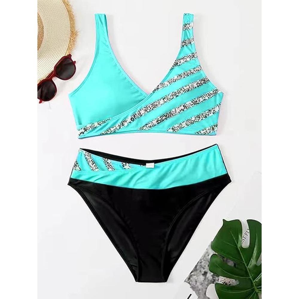 Bikini set s V výstřihem 2026 Dámský pruhovaný patchworkový plavecký úbor Letní plážové oblečení Plavky Ženské plavky Koupací plavky 3XL
