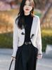 2025 Spring/Autumn Elegant V-Neck Horn Button Color Block Knit Cardigan for Women - Soft, Cozy, and Versatile.