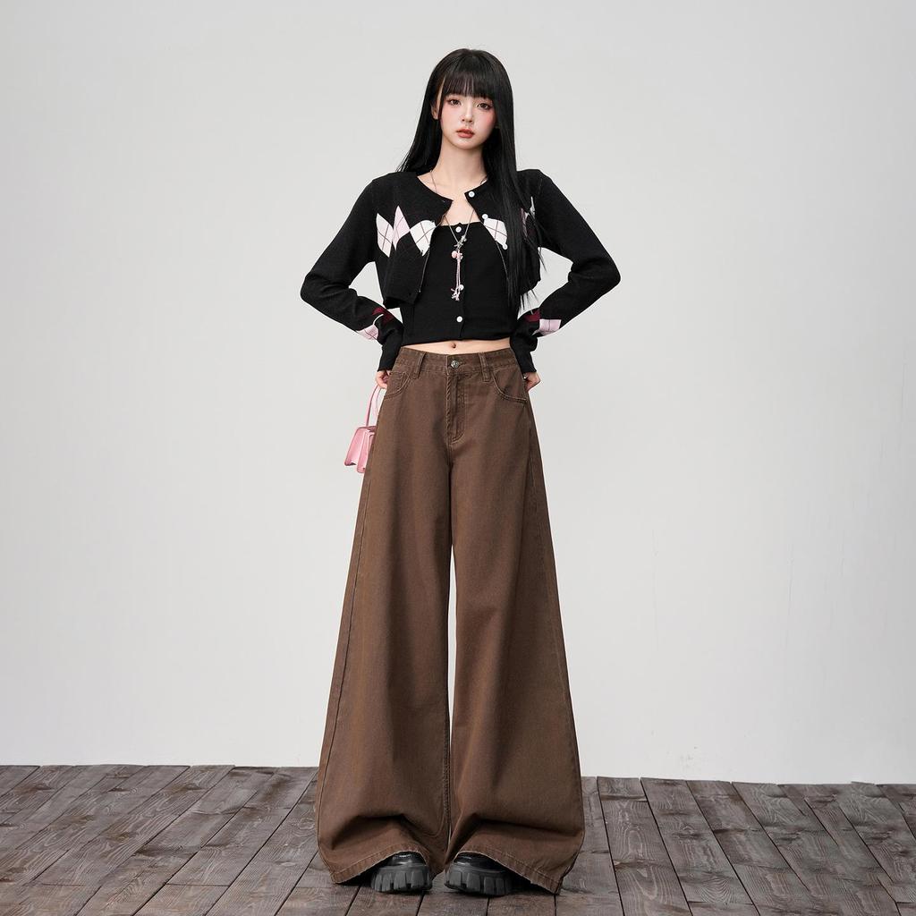 Melard Brown Wide-Leg Jeans: Women's 2026 Spring Loose Drape Casual Pants