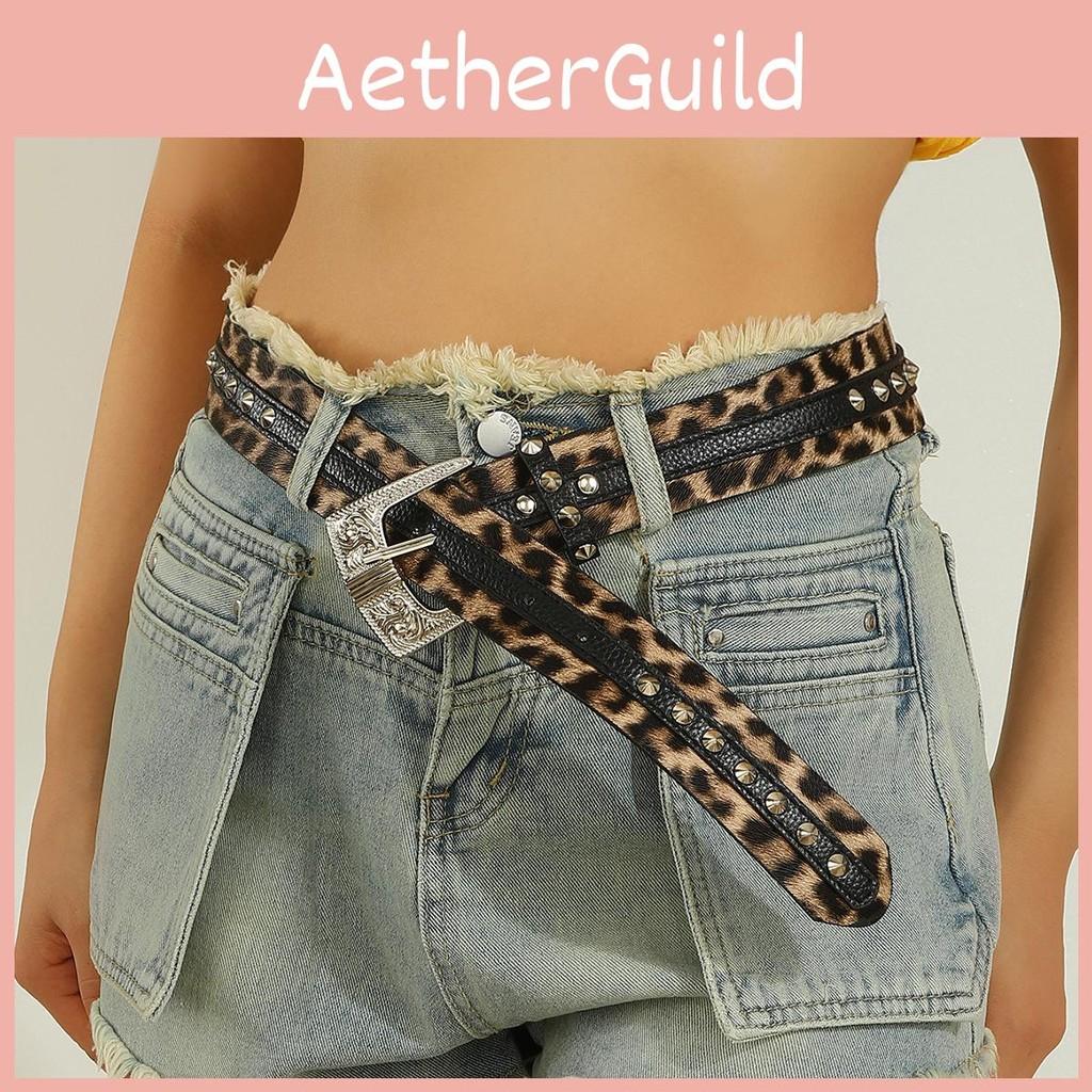 Fashion Print Leopard Pattern Rhinestone Metal Buckle Decoration Women Wide Belt