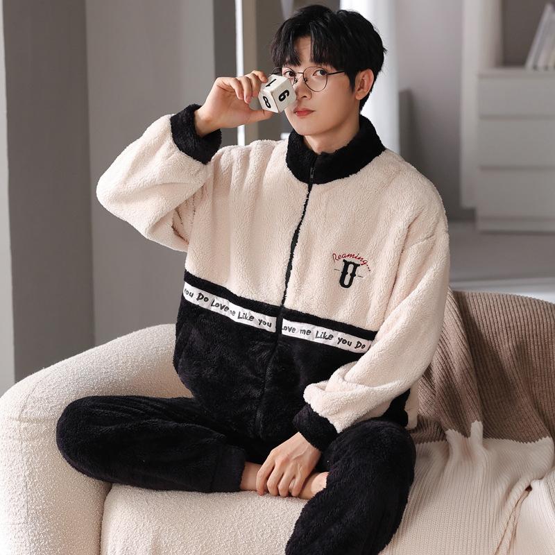 

Мужская пижама из кораллового флиса, зимняя, свободная, больших размеров, с воротником-стойкой, из фланели, можно носить как домашнюю одежду XXXL