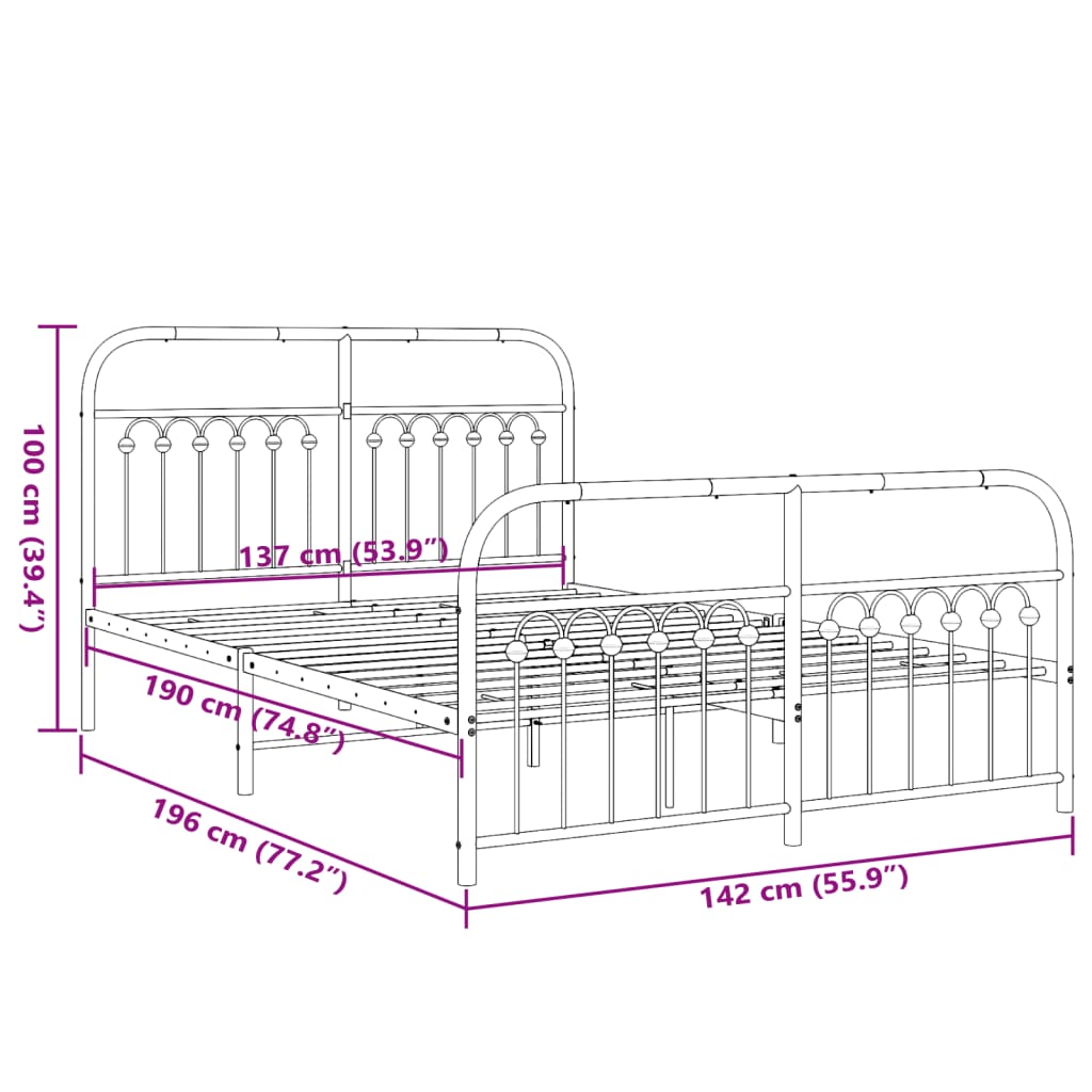 Metal Bed Frame with Headboard and Footboard Black 137 X 190 Cm