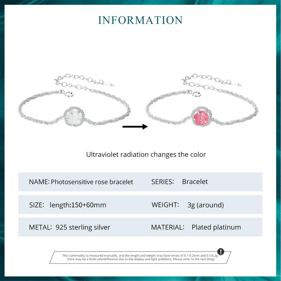 Bamoer 925 Sterling Silver Photosensitive Rose Charm Bracelet for Women | Flower Turns Red Bracelets with S925 5.9"+2.3" Cable C