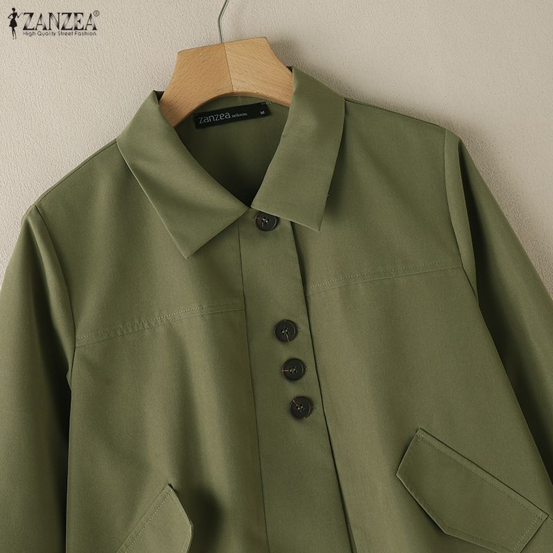 ZANZEA Damen Bluse mit lässigem Umlegekragen, einfarbig, lockere Langarmbluse