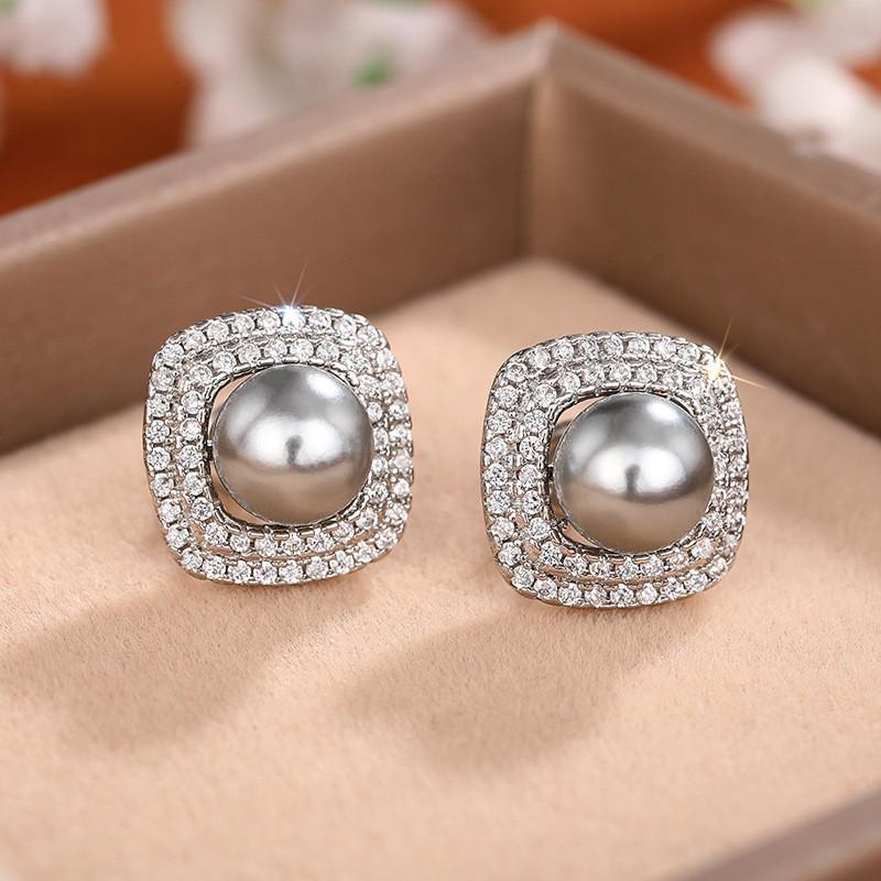 925 Sterling Silver Pearl Stud Earrings for Women Full Dazzling CZ Statement Earrings Wedding Party Female Jewelry