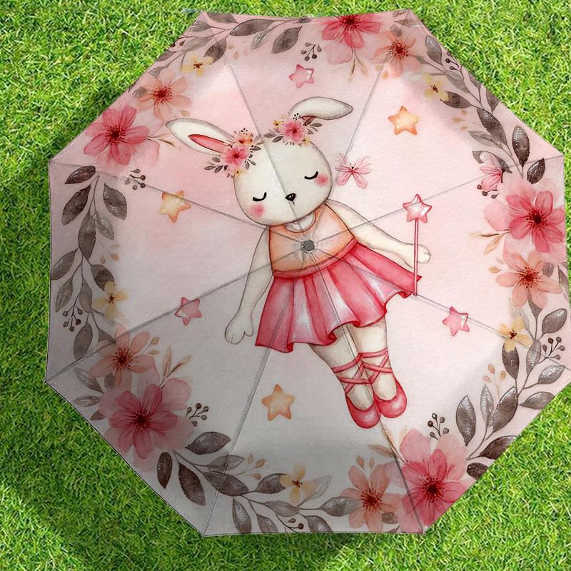 1pc rabbit ballerina Automatic Folding Umbrella, Heavy Duty 8 Rib Iron Frame,  Suitable for Travel, Daily Use, Birthday, Decor Gift m0104033