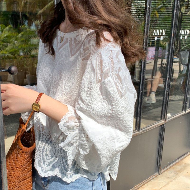 

French Entry Lux Chiffon Spring and Autumn Long Sleeve Top Lace White S