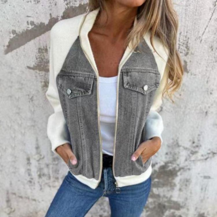Long Sleeves Women Jacket Patchwork Raglan Shoulder Turn Down Cardigan Zip Up Pockets Color Matching Fall Winter