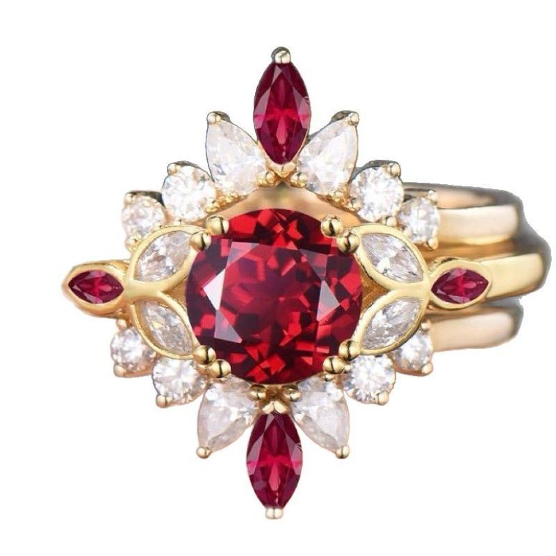 Hot-selling 18k Pigeon Blood Red Ring In Europe and America, Female, Sunflower-shaped 2-carat Red Mozzarella Ring