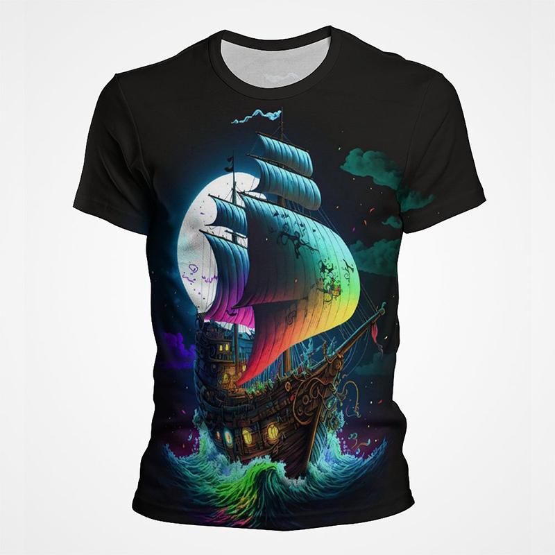 Segelboot Piratenschiff Grafik T-Shirts Herren 3D-Druck Kurzarm Tee Tops Lässig Herren Übergröße Streetwear T-Shirt Ropa Hombre