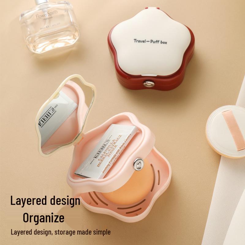 Portable Travel Makeup Powder Puff Storage Box with Mirror - Breathable & Dustproof
