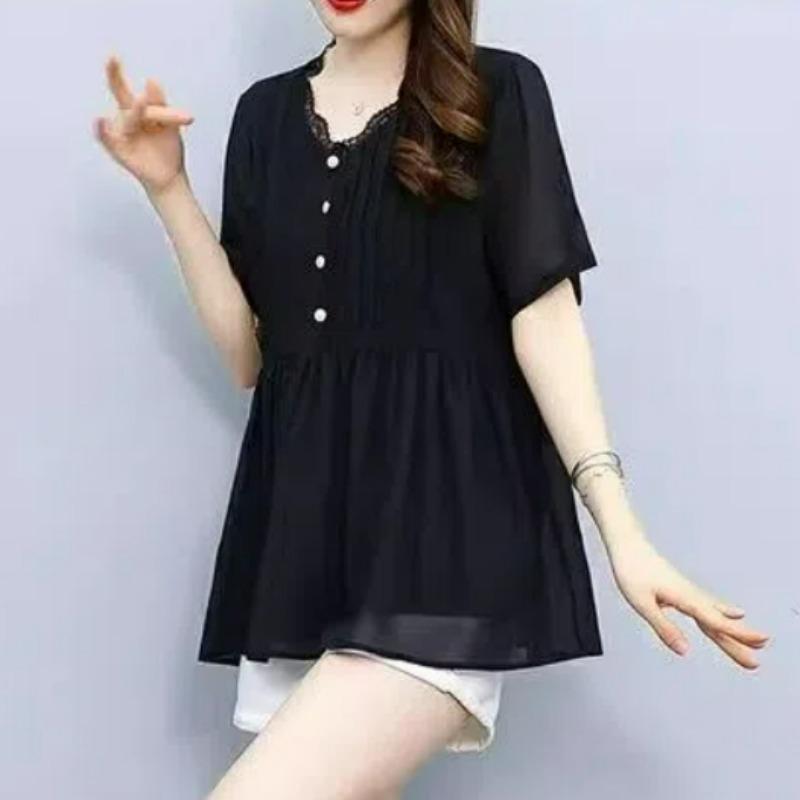 Women Stylish Ruffled Lace Patchwork Elegant Shirt Summer V Neck Short Sleeve Chiffon Blouse Black Loose Chic Tops Casual Blusas
