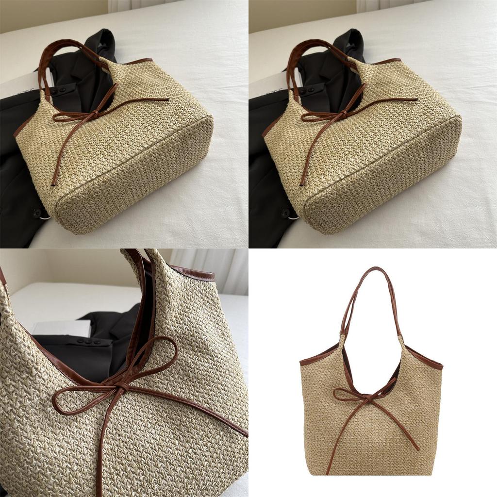 Fashion Color Blocked Bow Decoration Women Casual Woven Tote Bag For Daily Use
