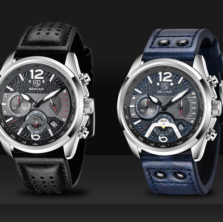 BENYAR Orologio Da Uomo In Pelle - Quarzo, Tre Quadranti, Data, Business Casual - Regalox (Scatola Regalo E Panno Inclusi)